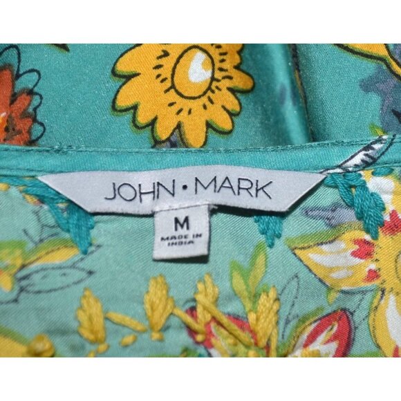 John Mark Tunic Blouse Womens M Floral Embroidery Artsy Boho Roll Tab Sleeves - Picture 12 of 14